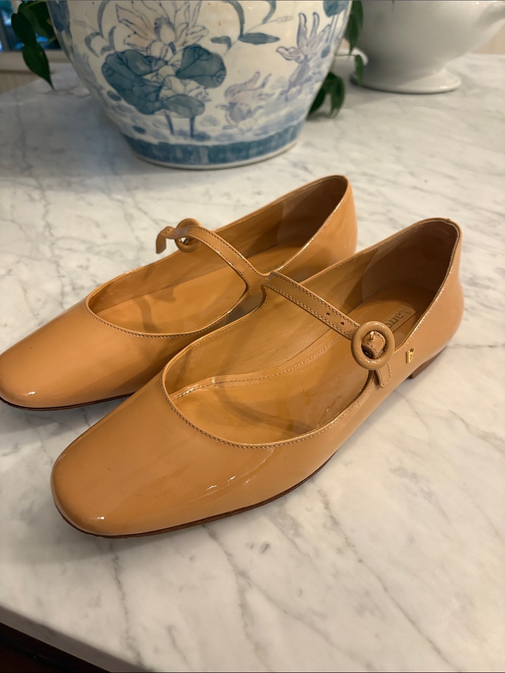 Larroude Patent Mary Jane Flats in Camel Tan